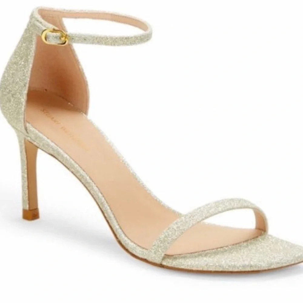 Stuart Weitzman Amelina Glitter Gold Ankle Strap Sandals Heels